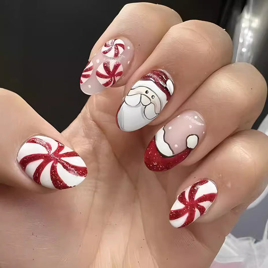 Festive Wonderland Long Oval Red and White Candy Cane Theme Press On Nail Set with Santa Design