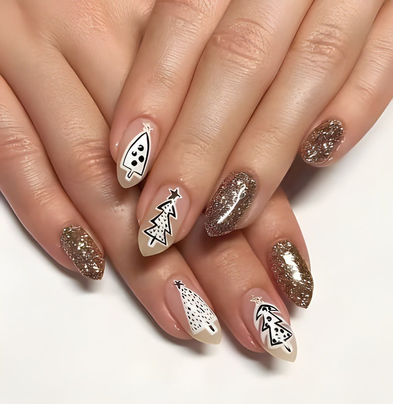 Holiday Cheer Extra Long Almond Press On Nail Set in White and Gold with Festive Christmas Tree Designs