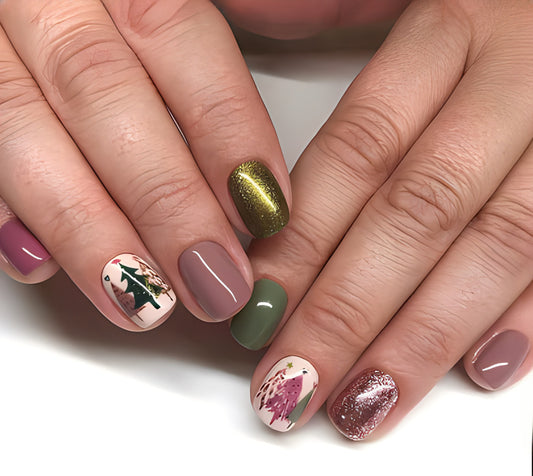 Festive Holiday Charm Medium Square Green Pink Burgundy Glitter and Tree Design Press On Nail Set