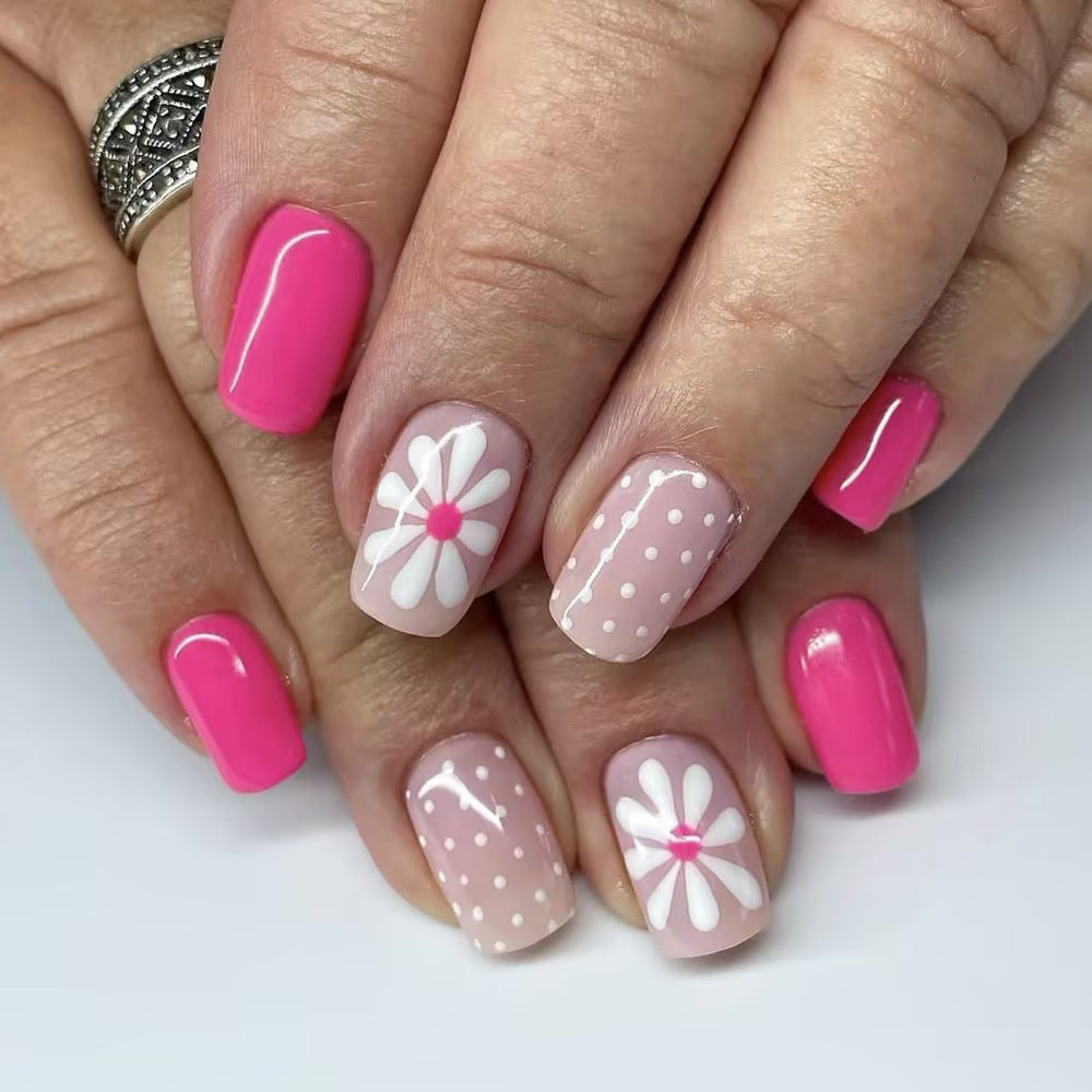 Blooming Garden Square Pink Press On Nail Set 24 Medium Glossy Floral Design with Daisies and Polka Dots