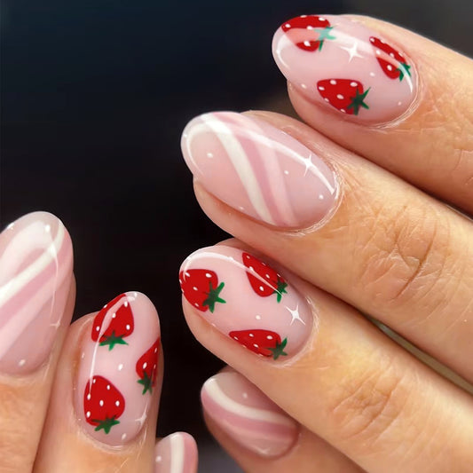 Strawberry Delight Medium Almond Pink Nails with Strawberry Design and Shiny Finish