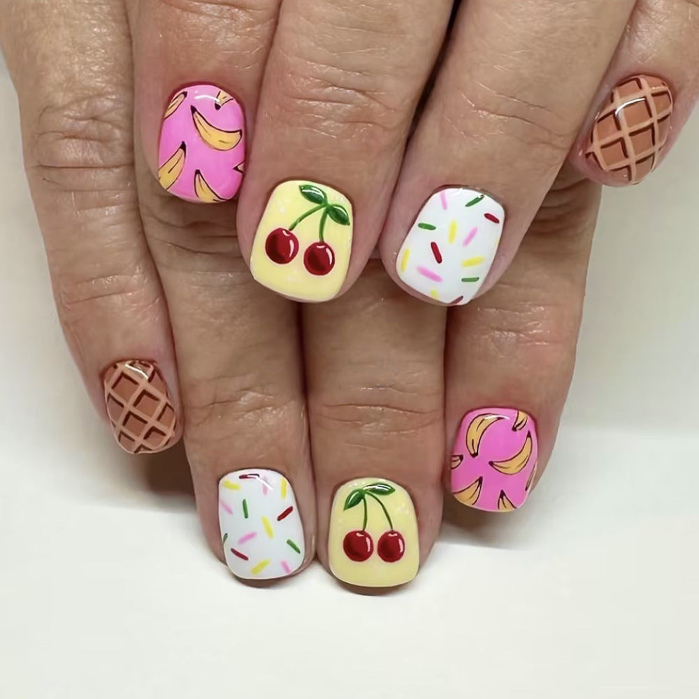 Sweet Treats Fruit Themed Short Square Press On Nail Set in Pink Yellow and Brown with Fun Cherry and Sprinkles Designs