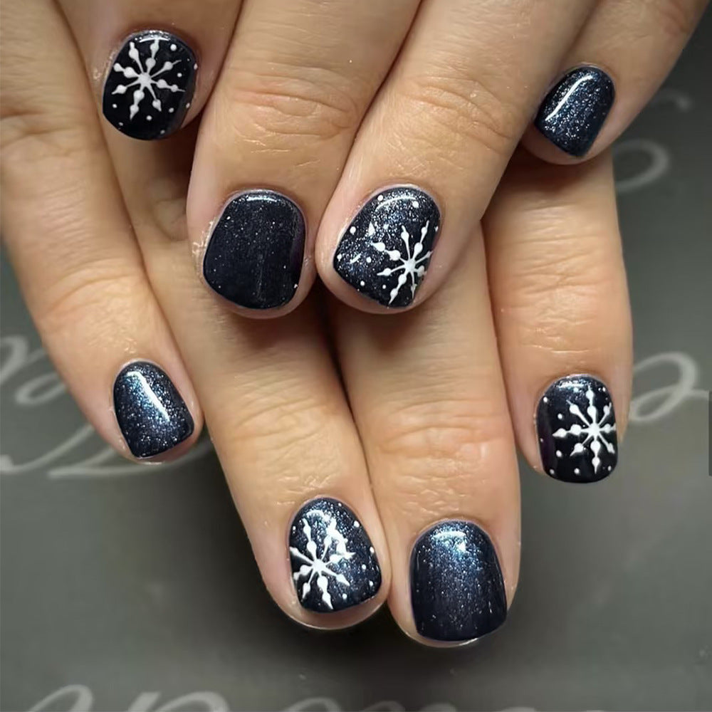 Winter Wonderland Short Square Dark Blue Glitter Press On Nail Set with White Snowflake Design