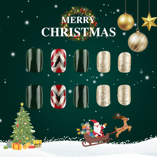 Festive Holiday Glam Short Square Dark Green and Red Glossy Nails with Glittery Gold Accents