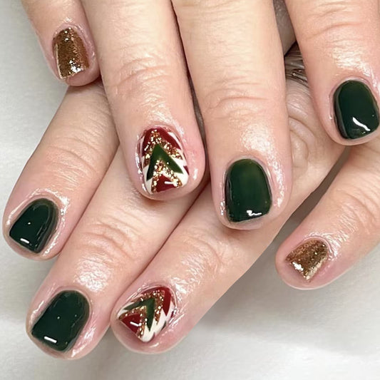 Festive Holiday Short Long Square Green Red and Gold Press On Nail Set with Glittering Christmas Tree Design