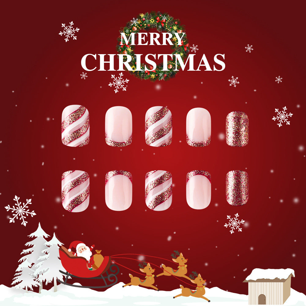 Christmas Cheer Short Oval Pink and Red Glitter Press On Nail Set with Festive Candy Cane Design