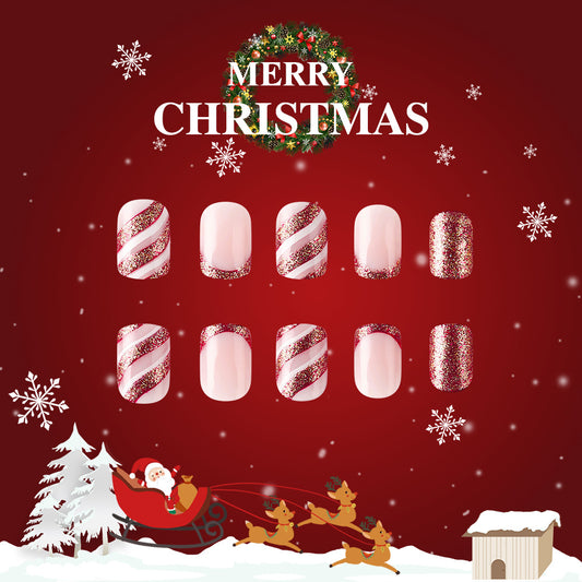 Christmas Cheer Short Oval Pink and Red Glitter Press On Nail Set with Festive Candy Cane Design