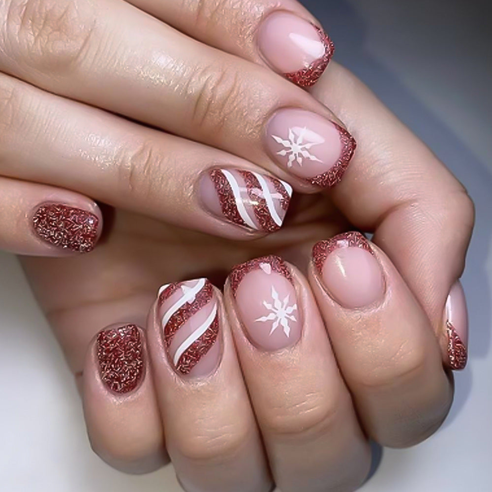 Festive Winter Wonderland Medium Square Red Glitter Press On Nail Set with Snowflake and Striped Design