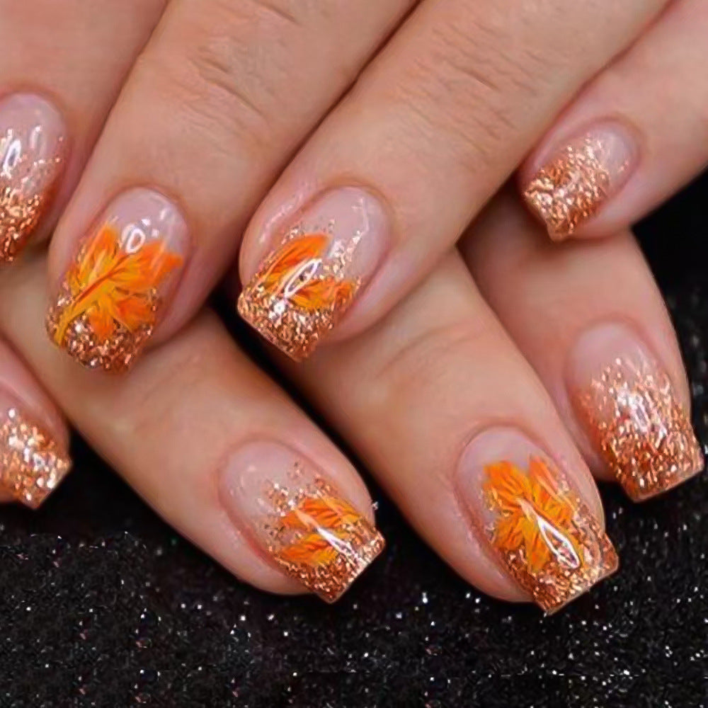 Autumn Bliss Long Square Orange Glitter Press On Nail Set with Leaf Design