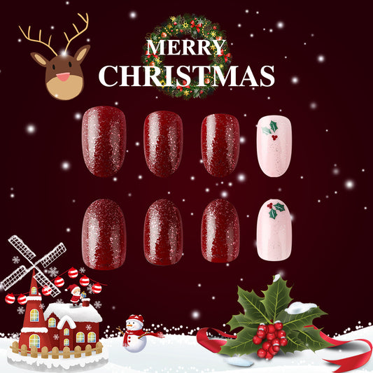 Christmas Sparkle Medium Oval Red and Blush Nails with Holiday Holly Design