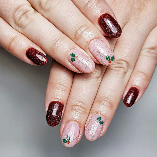 Festive Elegance Oval Medium Length Glossy Burgundy and Blush Pink Press On Nail Set with Holly Accents