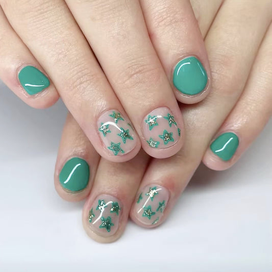 Celestial Dreams Short Oval Mint Green Press On Nail Set with Glittering Star Accents