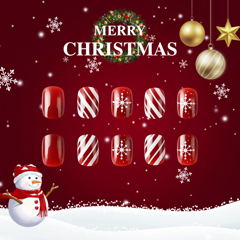 Festive Wonderland Short Square Red and White Press On Nail Set with Snowflake and Candy Stripe Designs