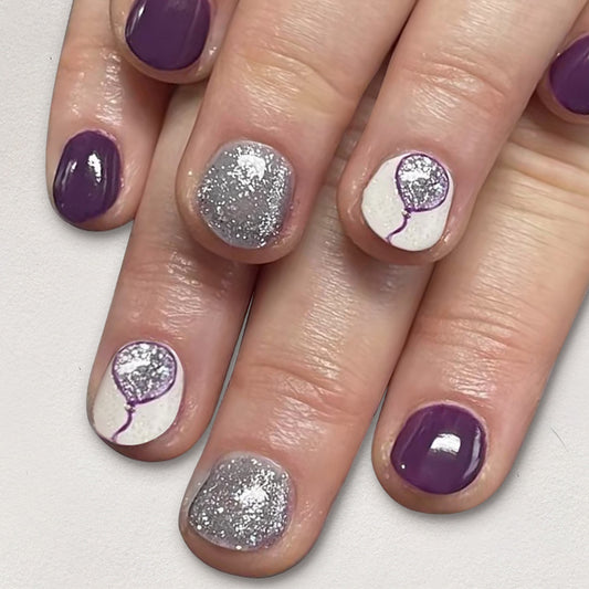 Celebration Inspired Short Oval Purple Silver Glitter Press On Nail Set with Balloon Design