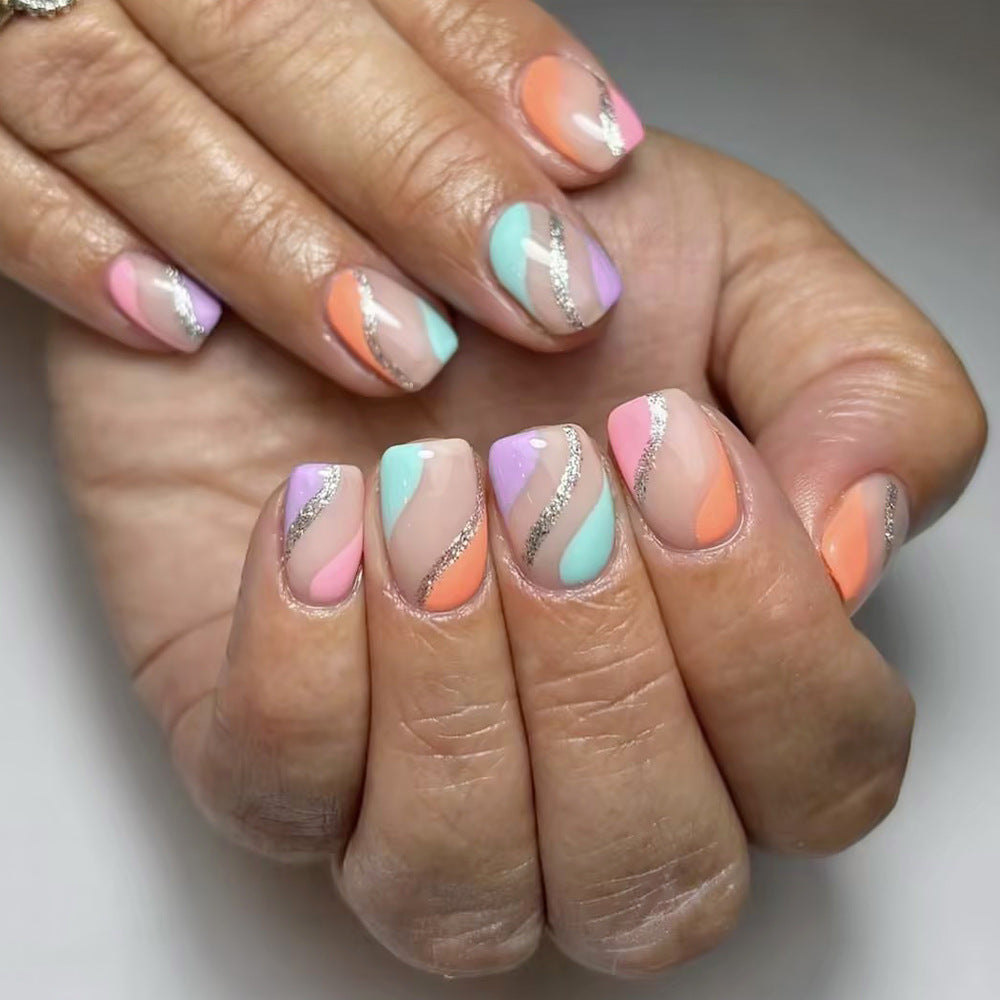 Spring Breeze Medium Square Multicolored Press On Nail Set with Glitter Accent