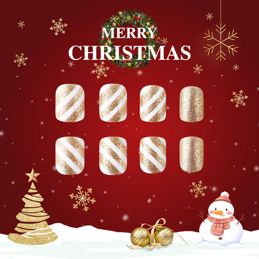 Christmas Elegance Medium Square Gold Glitter Press On Nail Set with Striking White Stripes