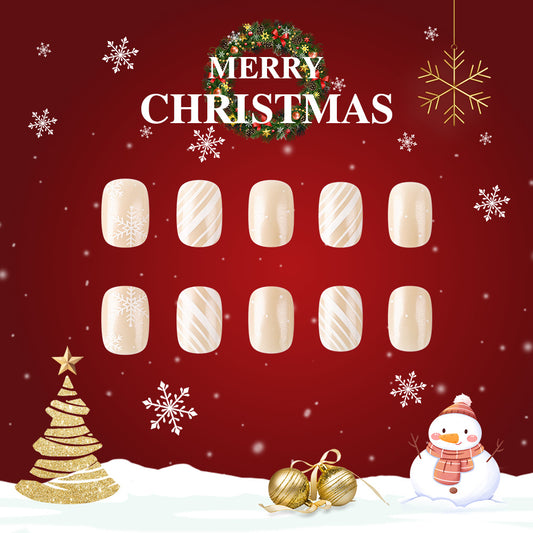 Christmas Wonderland Short Oval Creamy Beige Press On Nail Set with Elegant Snowflake and Stripe Designs