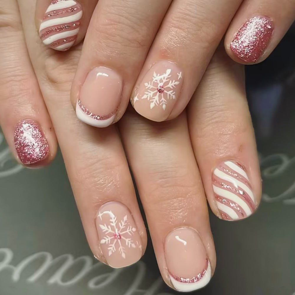 Winter Wonderland Medium Square Pink Glitter Press On Nail Set with Festive Snowflake and Candy Stripe Design