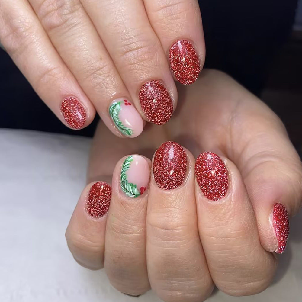 Holiday Sparkle Medium Oval Red Glitter Press On Nail Set with Festive Holly Accents