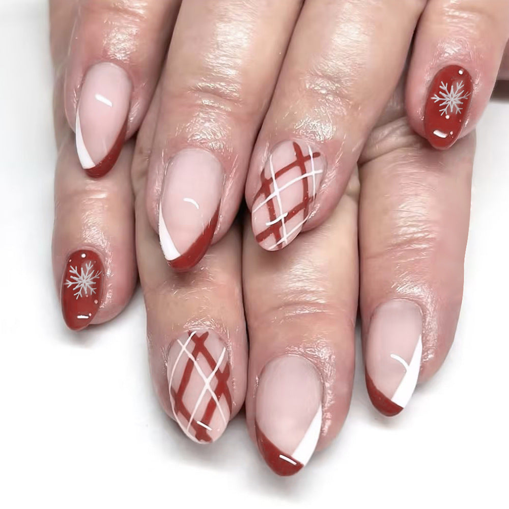 Cozy Winter Vibes Long Almond Red and Beige Press On Nail Set with Snowflake and Plaid Designs