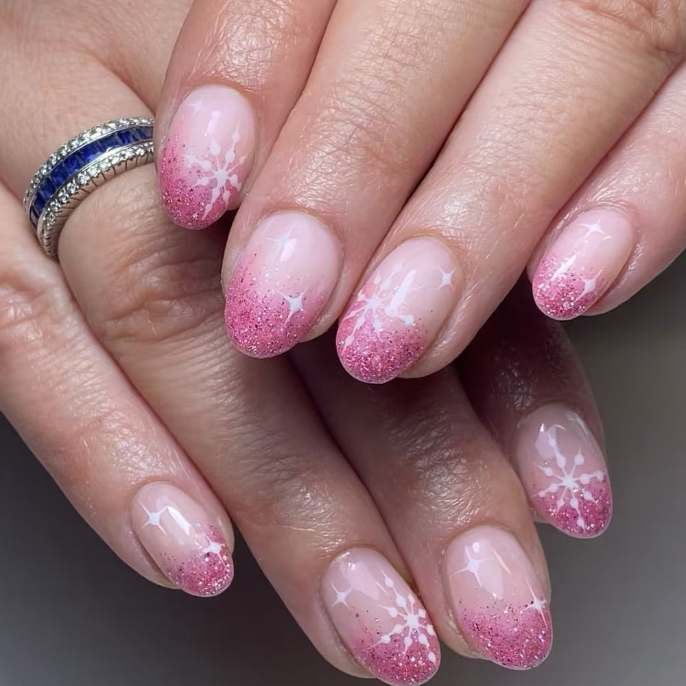 Whimsical Blossom Medium Oval Pink Ombre Glitter Press On Nail Set with Floral Accents