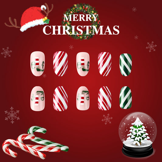 Festive Candy Cane Long Oval Red and Green Press On Nail Set with Holiday Graphics