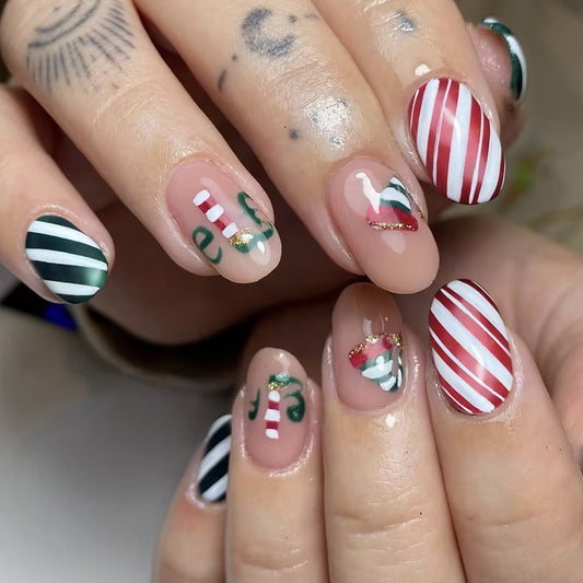 Holiday Wonderland Long Oval Green and Red Press On Nail Set with Candy Cane and Elf Designs