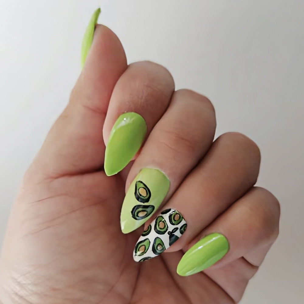 Avocado Paradise Long Stiletto Neon Green Press On Nail Set with Unique Avocado Art Design