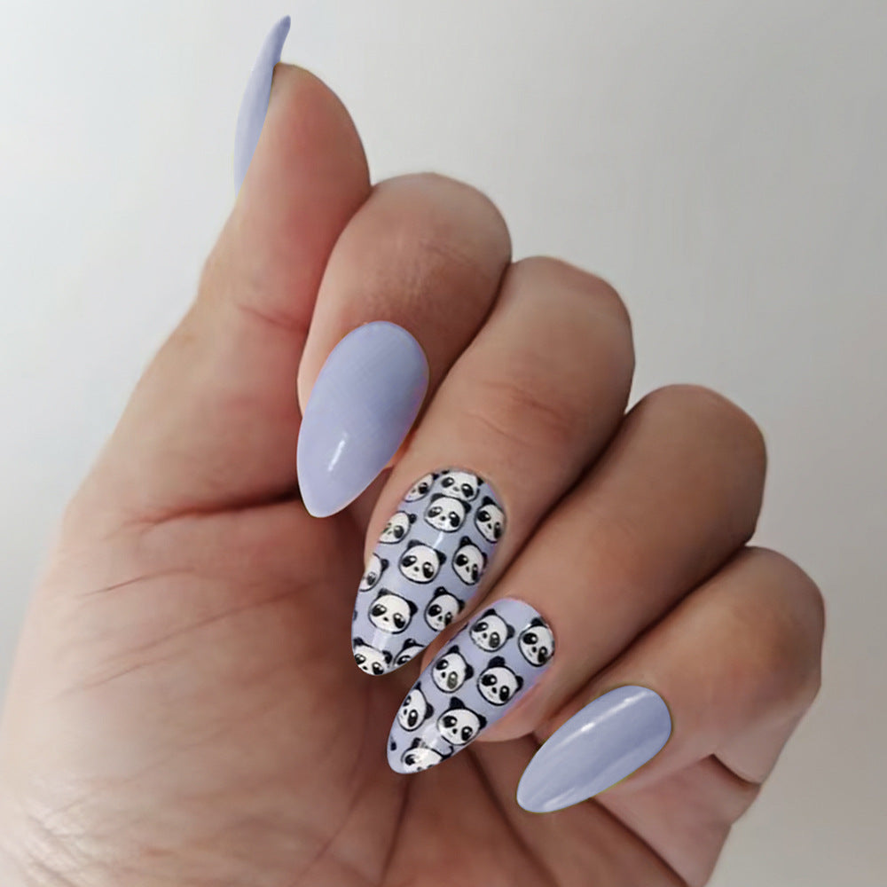 Cute Panda Vibe Long Stiletto Shaped Lavender Press On Nail Set with Unique Panda Print Design