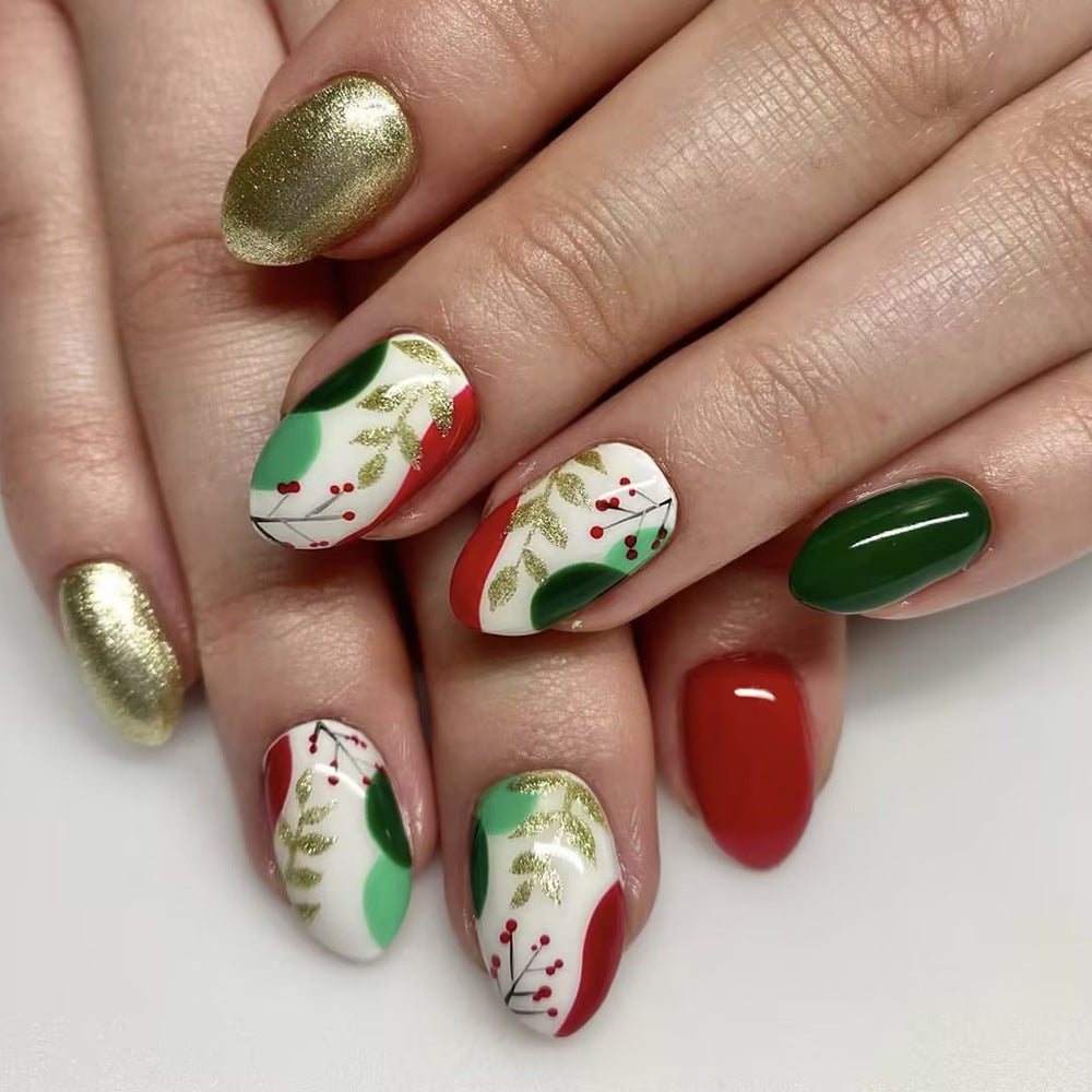 Festive Glam Long Almond Red Green White and Gold Press On Nail Set with Botanical Design