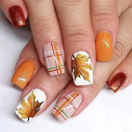 Autumn Elegance Long Square Orange and Brown Gradient Press On Nail Set with Leaf Art Design