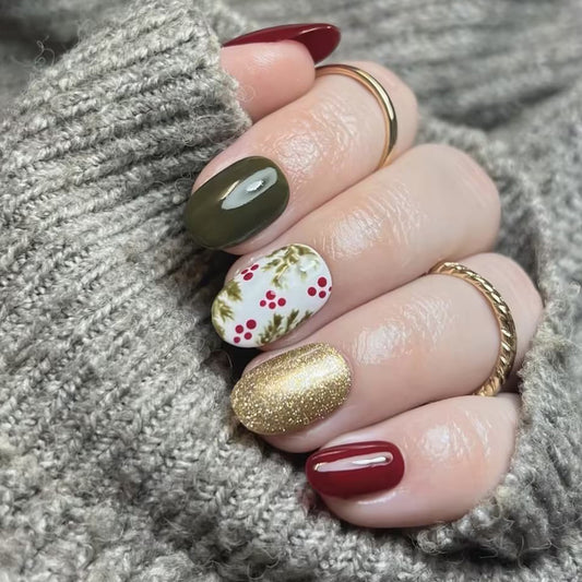 Festive Forest Green and Burgundy Oval Press On Medium Nail Set with Holiday Glitter and Unique Floral Design