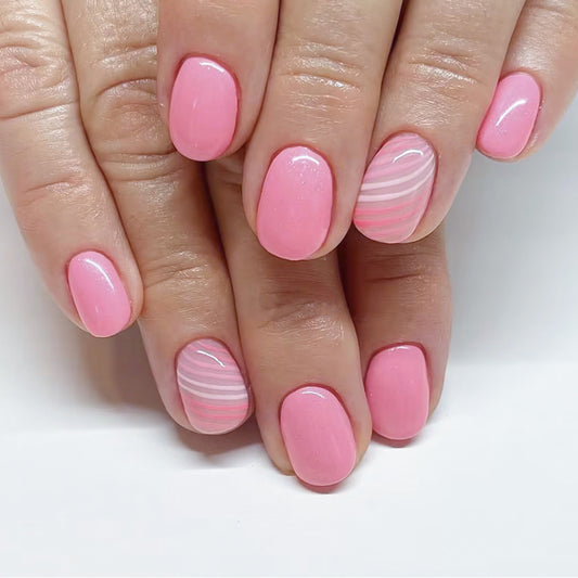 Charming Blossom Oval Pink Press On Medium Nail Set with Shimmering Striped Accent Design