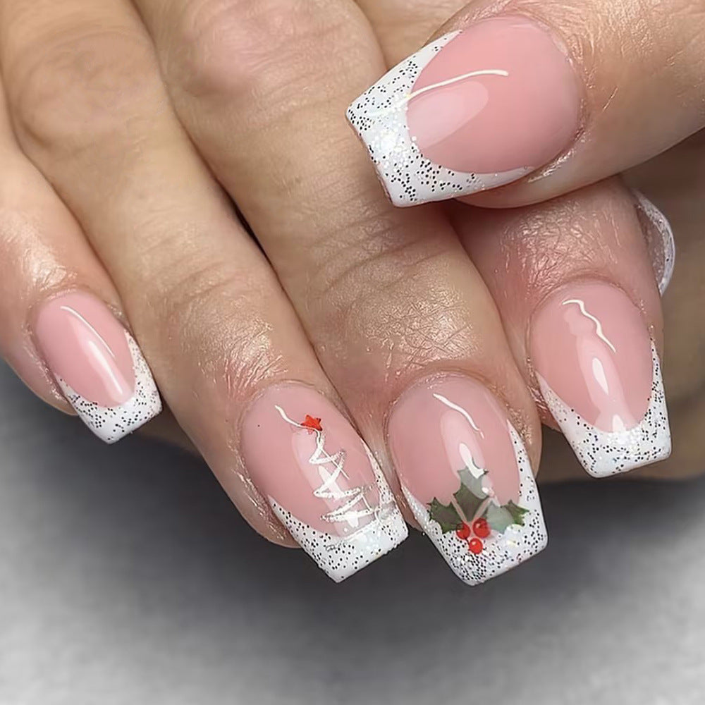 Festive Holiday Medium Coffin Press On Nail Set in Soft Pink with Glittery White Tips and Adorable Christmas Tree Design