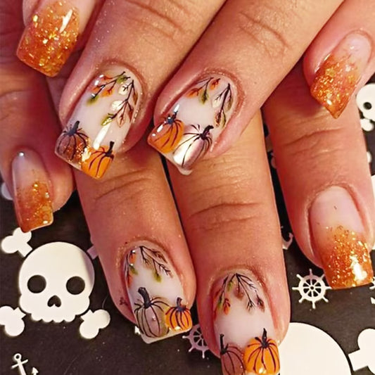 Autumn Harvest Square Press On Nail Set Long Orange Glitter with Pumpkin and Leaf Design