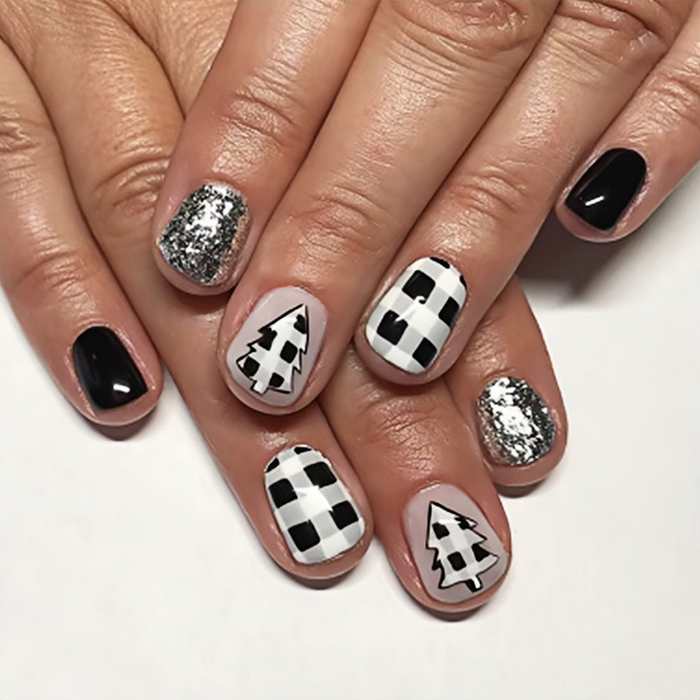 Festive Forest Inspired Short Square Press On Nail Set in Black and White Featuring Glitter and Plaid Designs