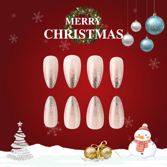 Winter Wonderland Long Almond Shaped Beige Press On Nails with Glitter Accent