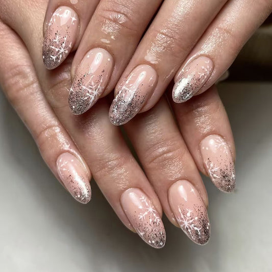 Winter Wonderland Long Almond Blush Pink Glitter Ombre Press On Nail Set with Snowflake Design