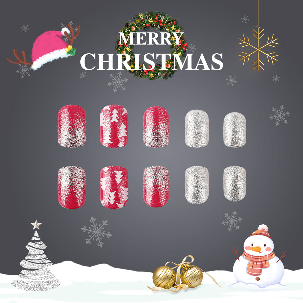 Festive Winter Wonderland Medium Square Red and Silver Glitter Press On Nail Set with Christmas Tree Design