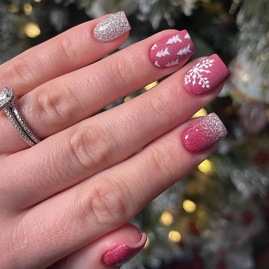 Festive Winter Wonderland Medium Square Glitter Press On Nail Set in Pink and Silver with Snowflake and Tree Designs