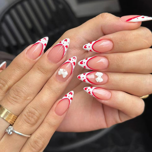 Love Story Long Stiletto Red and White Press On Nail Set with Heart Accents and Cute Bow Details