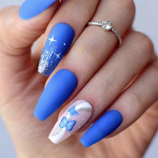 Celestial Dreams Long Coffin Matte Blue Press On Nail Set with Glitter and Butterfly Art