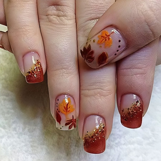 Autumn Bliss Short Square Orange and Brown Glitter Ombre Floral Press On Nail Set