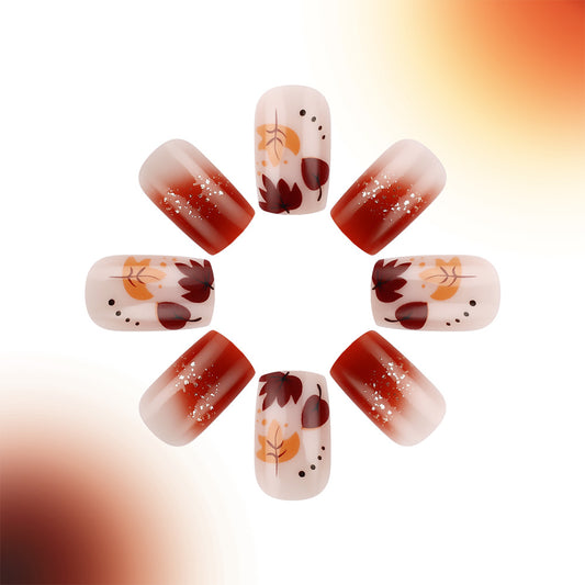 Autumn Elegance Short Square Red Ombre with Leaf Design Press-On Nail Set