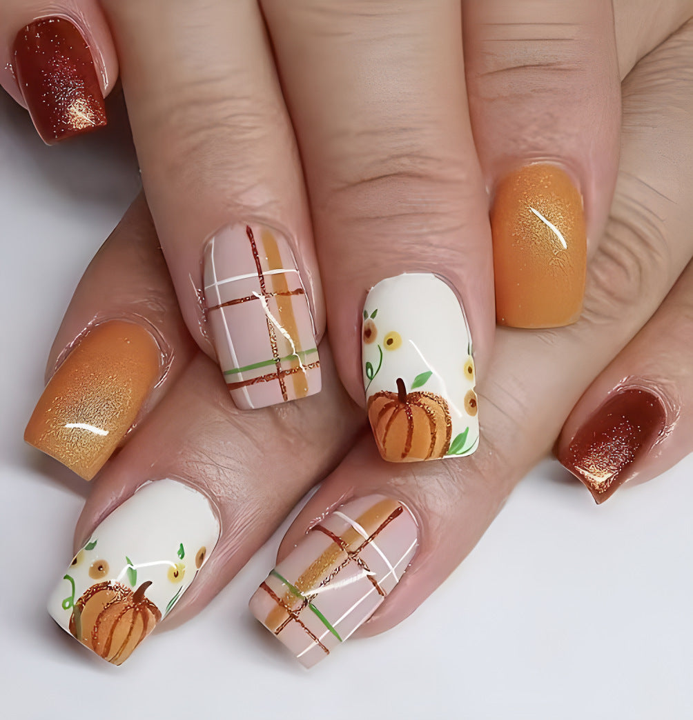 Autumn Bliss Long Square Matte and Glitter Orange and Cream Press On Nail Set with Pumpkin Design