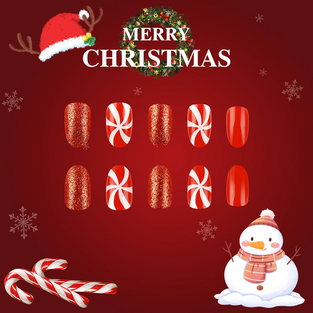 Holiday Cheer 10 Medium Oval Red and White Candy Cane Press On Nail Set with Sparkling Glitter Finish