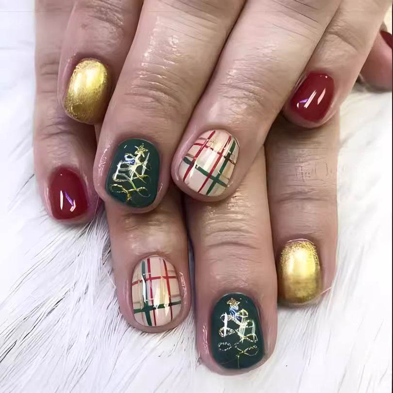 Festive Glam Short Oval Green Red and Gold Press On Nail Set with Elegant Christmas Tree Designs