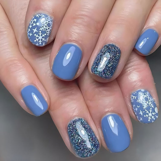 Winter Wonderland Short Square Blue Glitter Snowflake Press On Nail Set