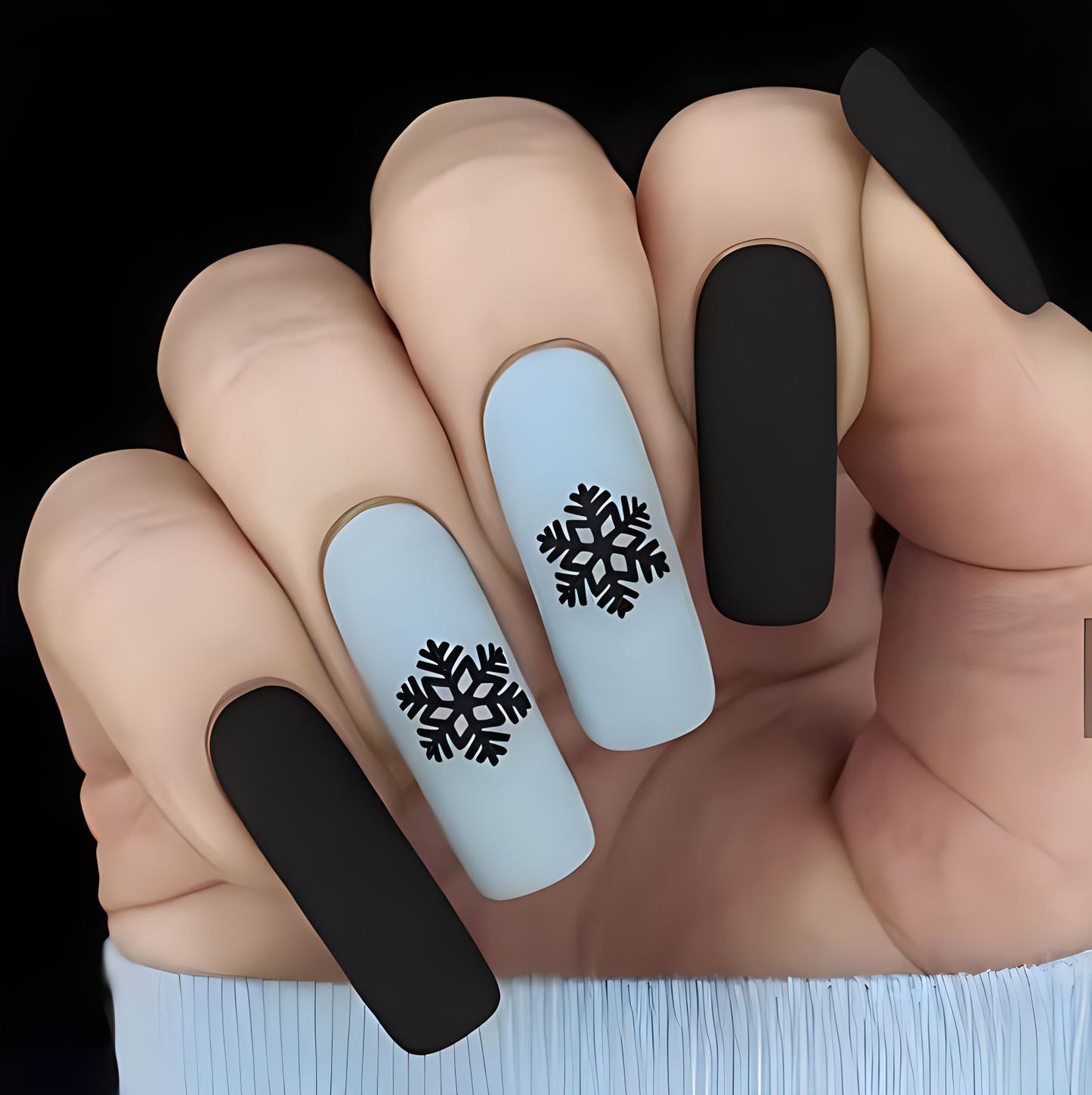 Winter Wonderland Long Square Press On Nail Set Black and Ice Blue with Snowflake Design