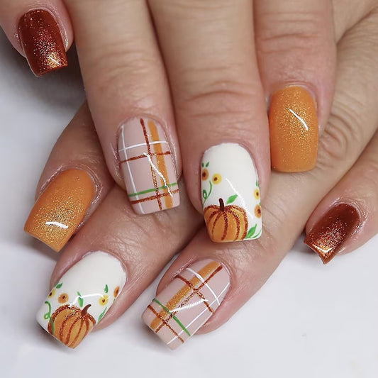 Autumn Harvest Square Press On Nail Set Long Rust Orange Pumpkin and Floral Design